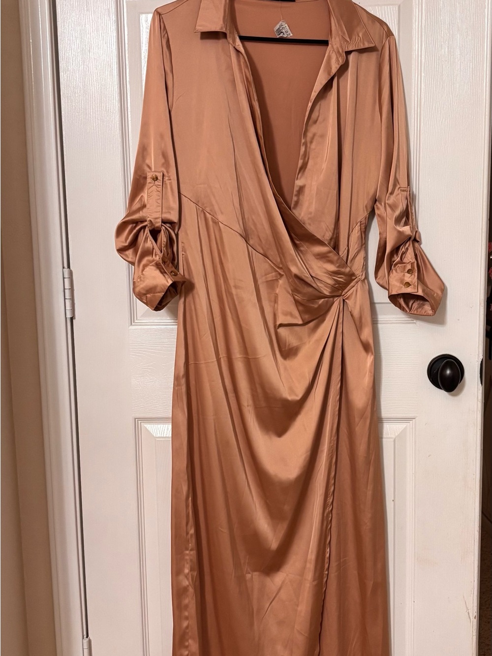 Copper Satin Wrap Maxi Dress with Collared Neck
